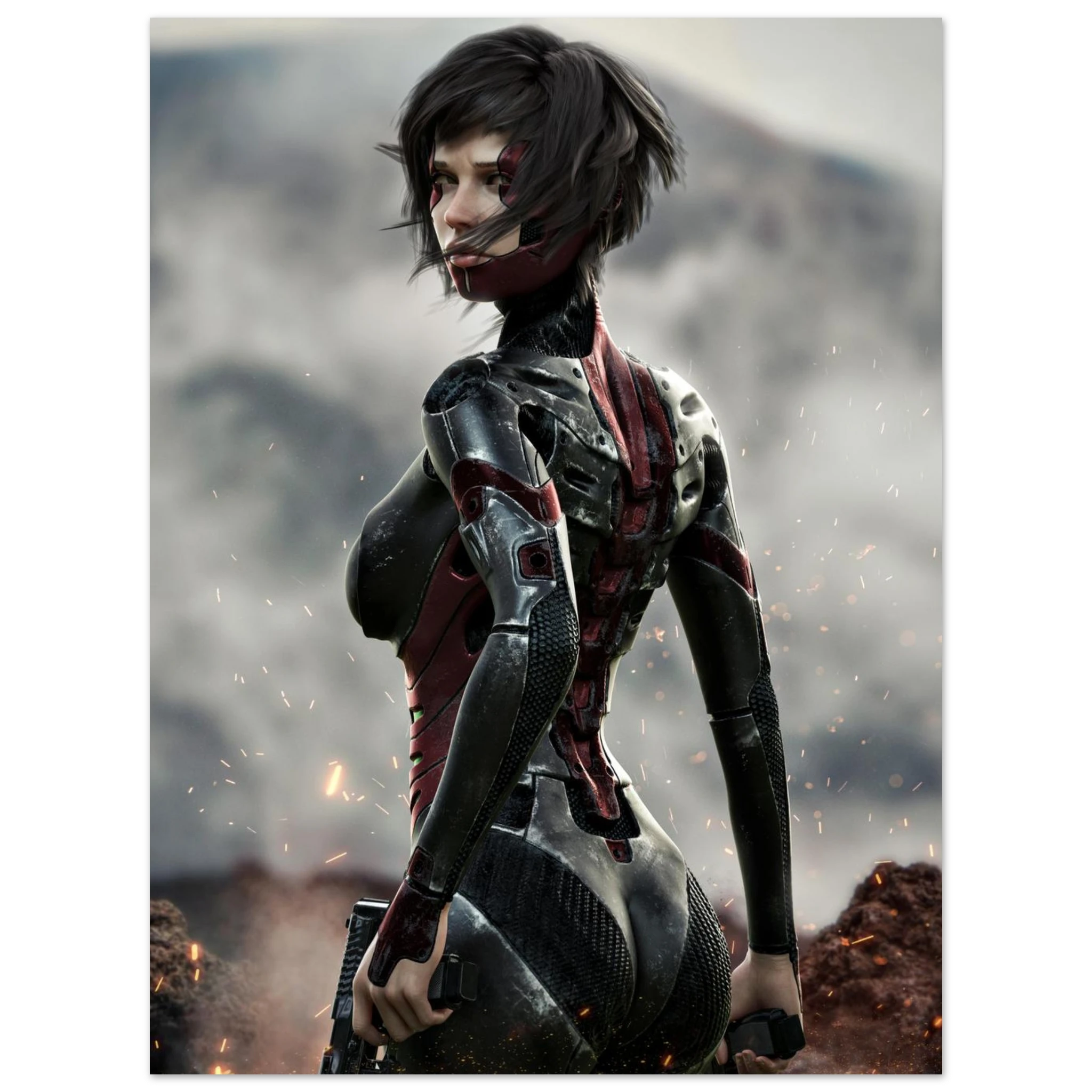 A vertical art print featuring a female cyberpunk character in a black and red futuristic bodysuit, shown from behind against a smoky, rocky background with floating embers.