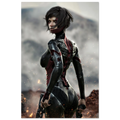 A vertical art print featuring a stylized female cybernetic soldier with short dark hair, a red bandage over one eye, and a black-and-red armored bodysuit, standing in a smoky outdoor battlefield scene with sparks. The print is centered on a light gray background.