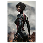 A vertical art print featuring a stylized female cybernetic soldier with short dark hair, a red bandage over one eye, and a black-and-red armored bodysuit, standing in a smoky outdoor battlefield scene with sparks. The print is centered on a light gray background.