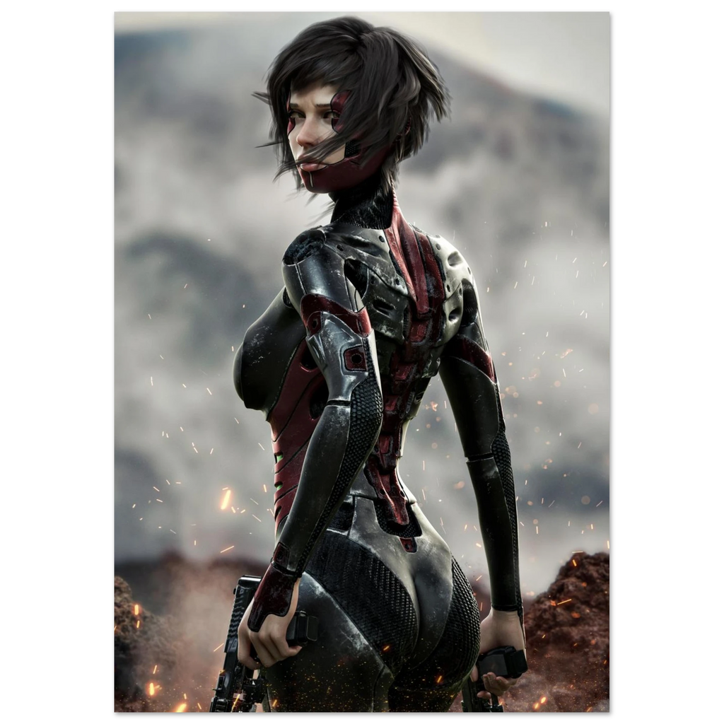 A vertical poster or art print featuring a stylized female sci-fi character in a black and red armored suit, shown from behind against a smoky battlefield background with sparks and fire. The print is centered on a white page background.