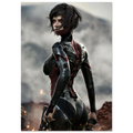 A vertical poster or art print featuring a stylized female sci-fi character in a black and red armored suit, shown from behind against a smoky battlefield background with sparks and fire. The print is centered on a white page background.