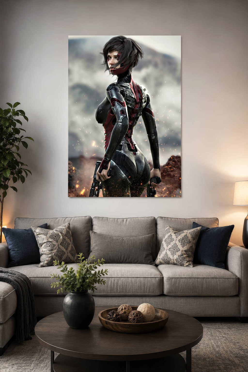 A handcrafted science fiction illustration of a female cybernetic assassin standing on a rugged battlefield surrounded by drifting sparks and volcanic terrain. She looks back over her shoulder while holding dual tactical pistols, wearing an advanced black and crimson biomechanical combat suit with realistic armor plating, mechanical enhancements, and weathered battle textures. Her short windswept hair, determined expression, and cinematic lighting create a dramatic futuristic atmosphere inspired by cyberpun