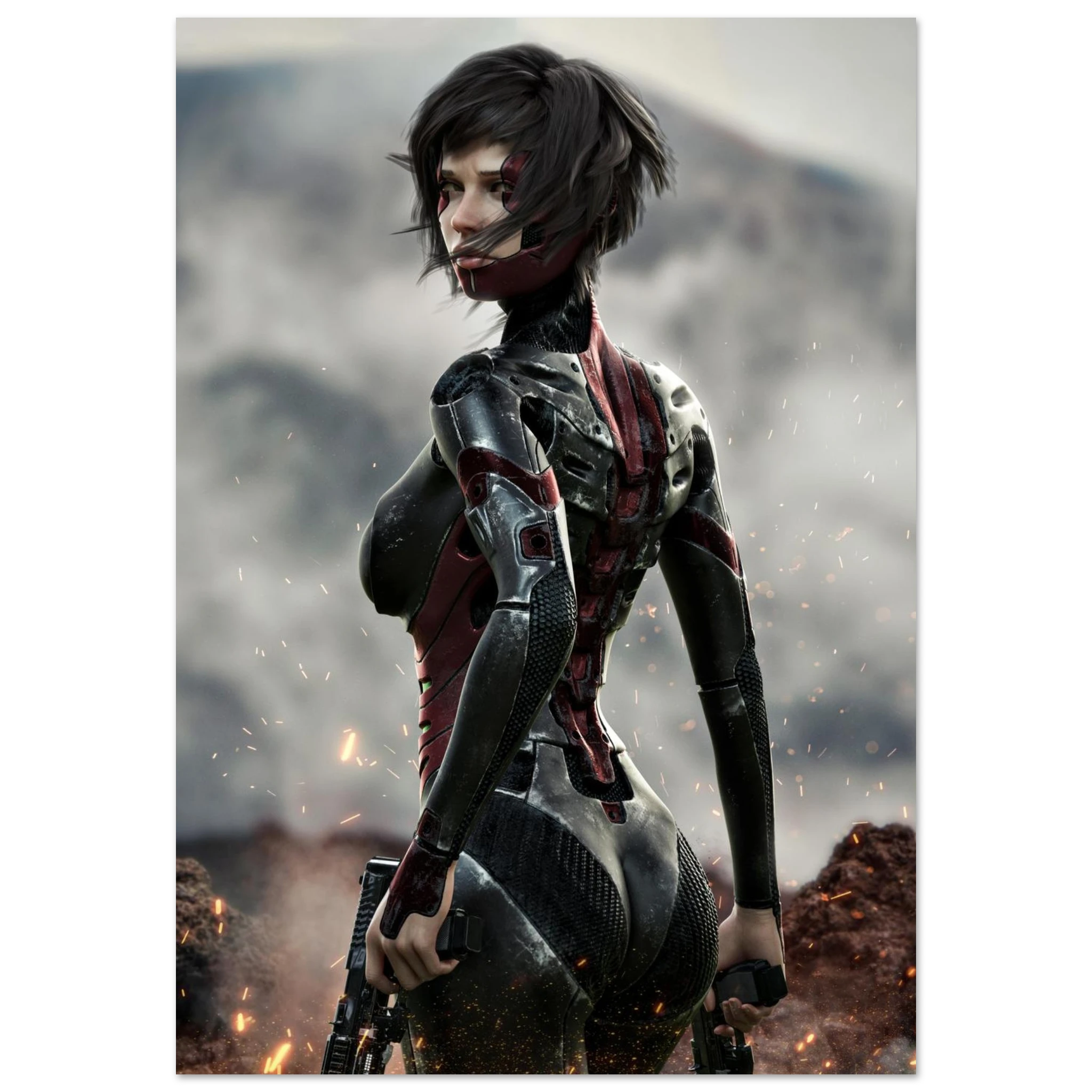 A vertical art print featuring a futuristic female soldier in a black and red cybernetic suit, standing in a smoky, rocky outdoor environment with sparks flying.