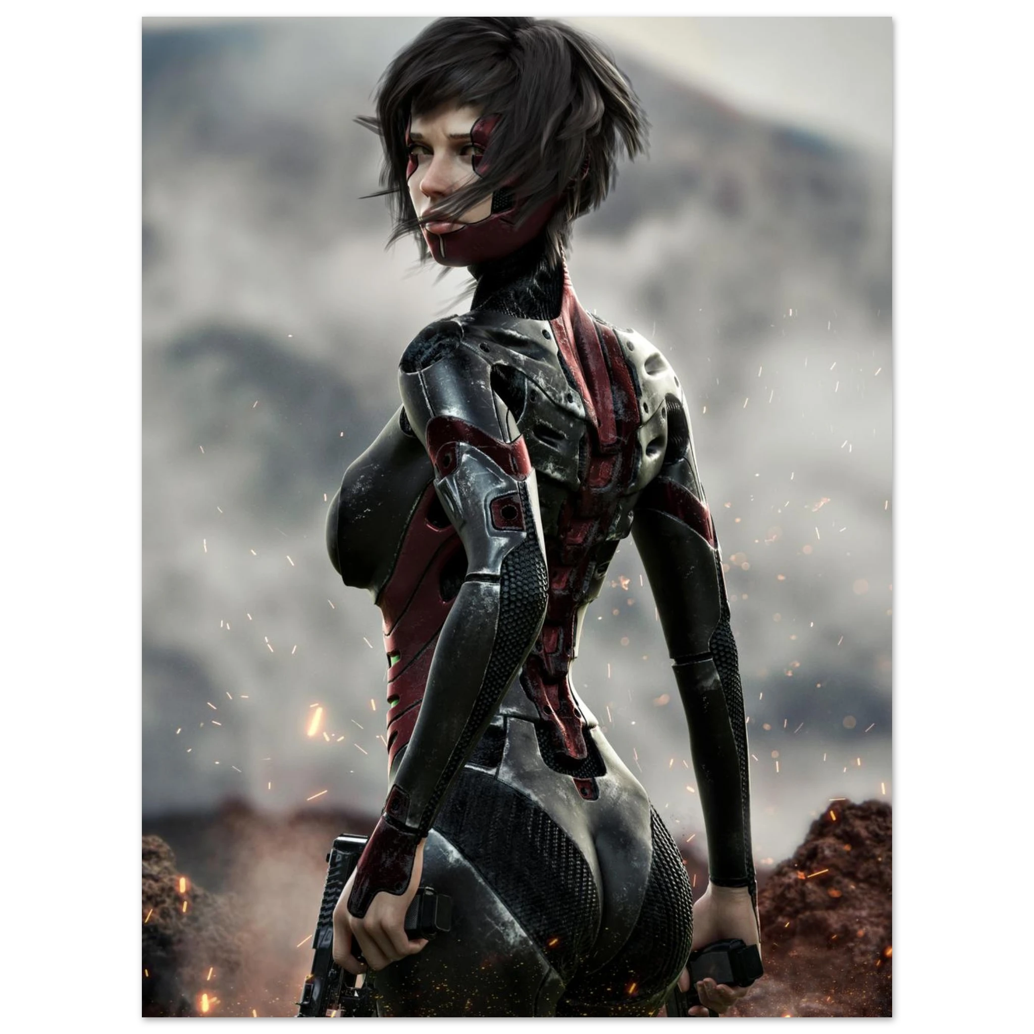 A vertical poster or art print featuring a futuristic female cyborg character in a dark metallic bodysuit with red accents, standing in a smoky, fiery outdoor-like environment. The artwork is centered on a white background.