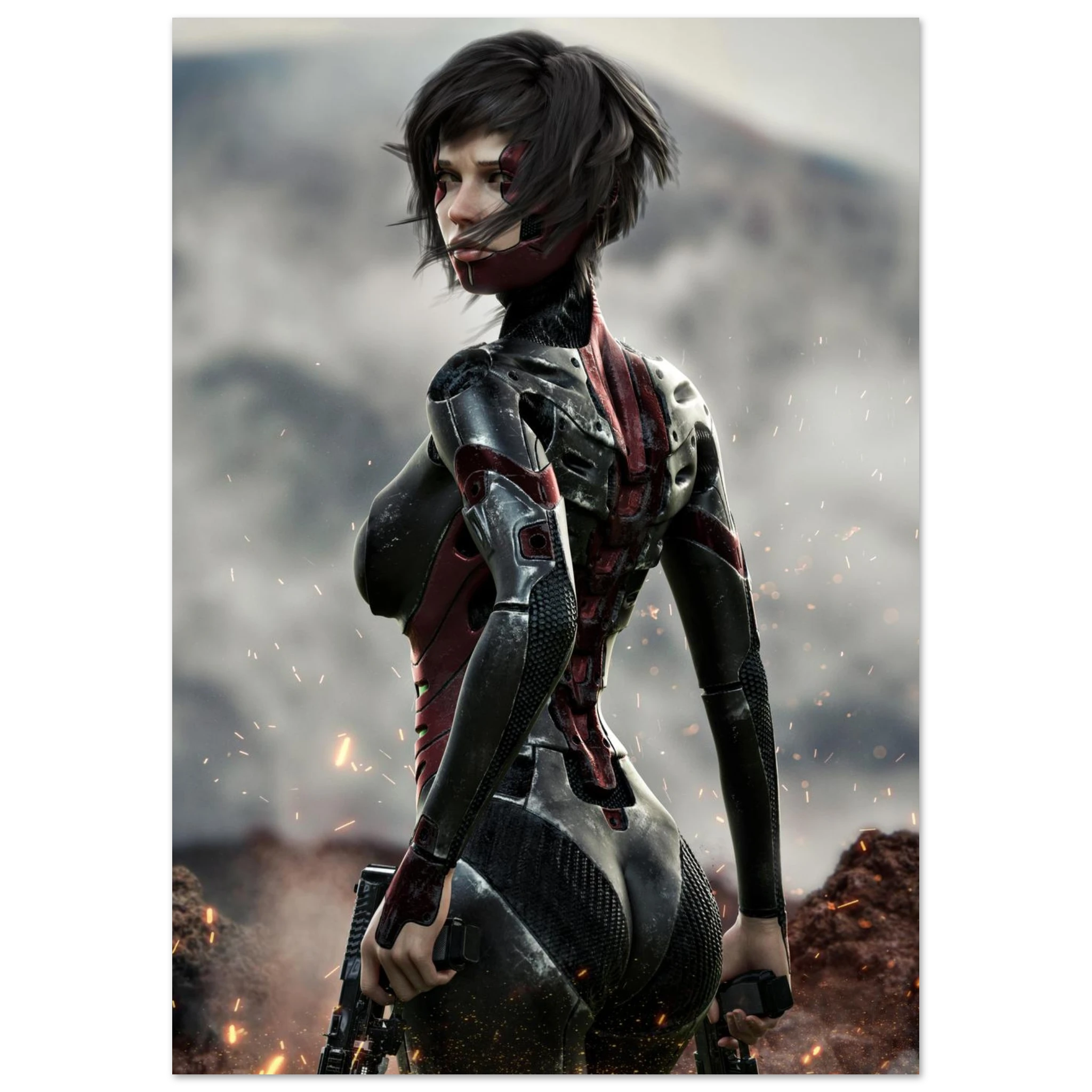 A vertical poster or art print featuring a futuristic female cyborg character with short dark hair, wearing a black and red armored bodysuit, standing in a smoky outdoor environment with sparks around her.