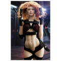 A handcrafted science fiction illustration of a futuristic female assassin with vibrant curly crimson hair standing confidently inside a high-tech industrial corridor. She holds dual futuristic pistols while wearing sleek tactical combat gear with cyberpunk-inspired armor accents and fingerless gloves. Dramatic cinematic lighting highlights her determined expression, realistic textures, and futuristic environment, creating a powerful action scene inspired by cyberpunk worlds, science fiction films, futurist