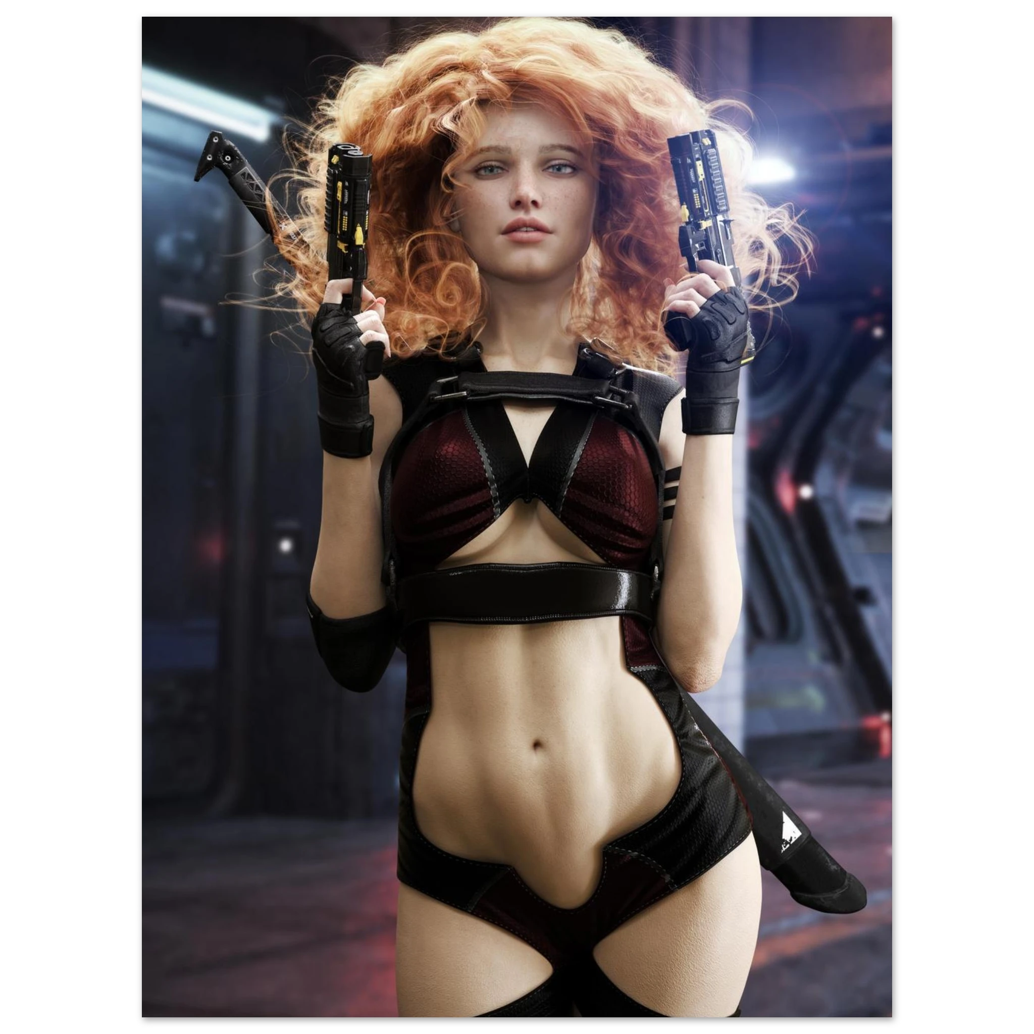 A handcrafted science fiction illustration of a futuristic female assassin with vibrant curly crimson hair standing confidently inside a high-tech industrial corridor. She holds dual futuristic pistols while wearing sleek tactical combat gear with cyberpunk-inspired armor accents and fingerless gloves. Dramatic cinematic lighting highlights her determined expression, realistic textures, and futuristic environment, creating a powerful action scene inspired by cyberpunk worlds, science fiction films, futurist