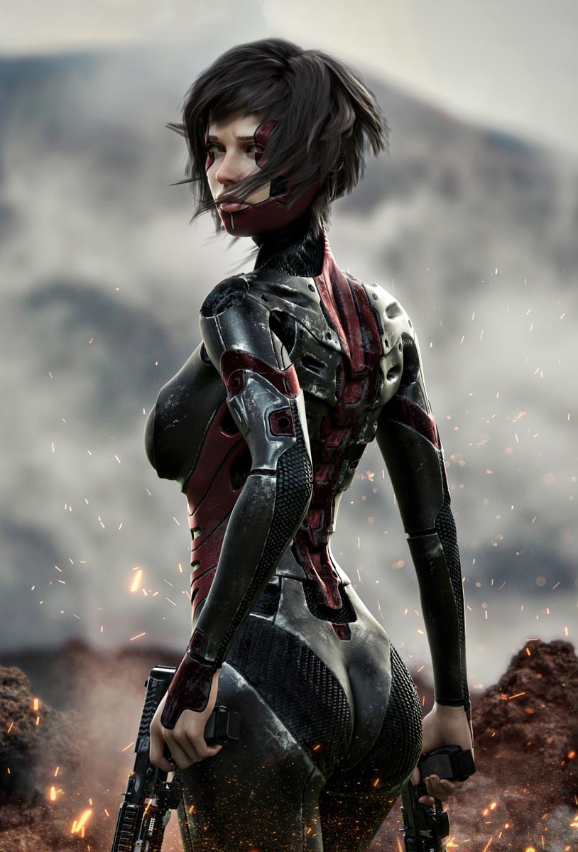Female sci-fi cyber assassin in black and red futuristic armor holding dual weapons in a smoky battlefield with glowing sparks