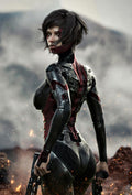 Female sci-fi cyber assassin in black and red futuristic armor holding dual weapons in a smoky battlefield with glowing sparks