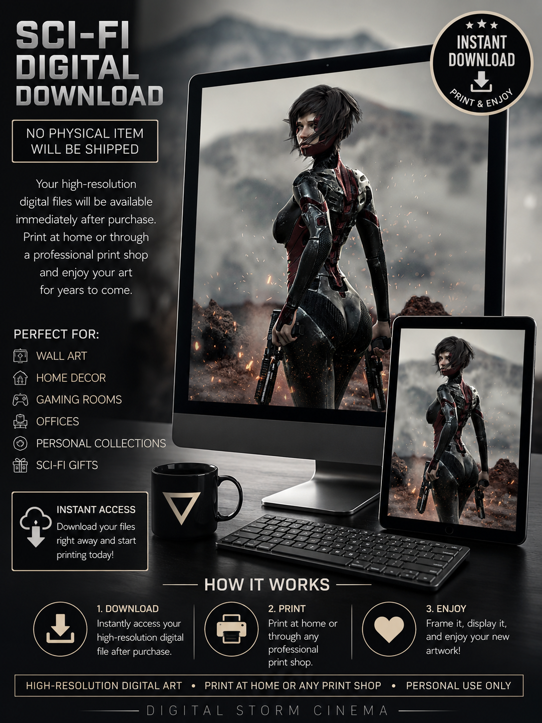 Sci-fi cyber assassin digital download displayed on a computer in a futuristic digital art mockup