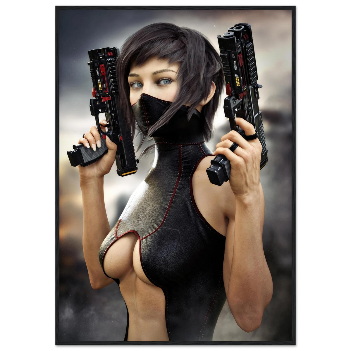  Masked female sci-fi warrior holding dual futuristic pistols in black cyberpunk tactical clothing with red accents framed wall art on wall 1