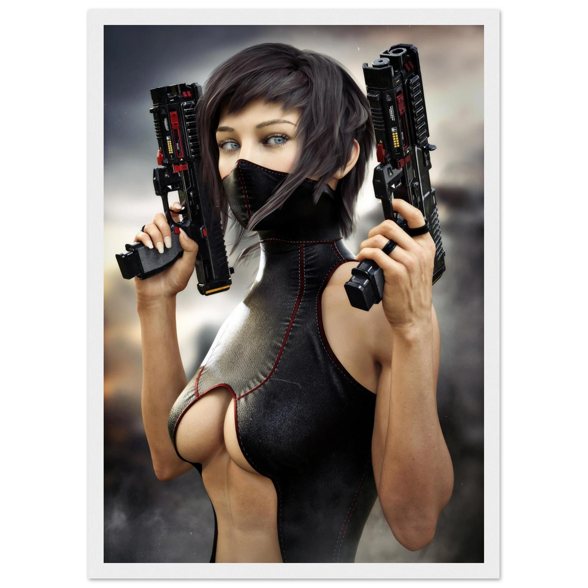 Masked female sci-fi warrior holding dual futuristic pistols in black cyberpunk tactical clothing with red accents framed wall art 2