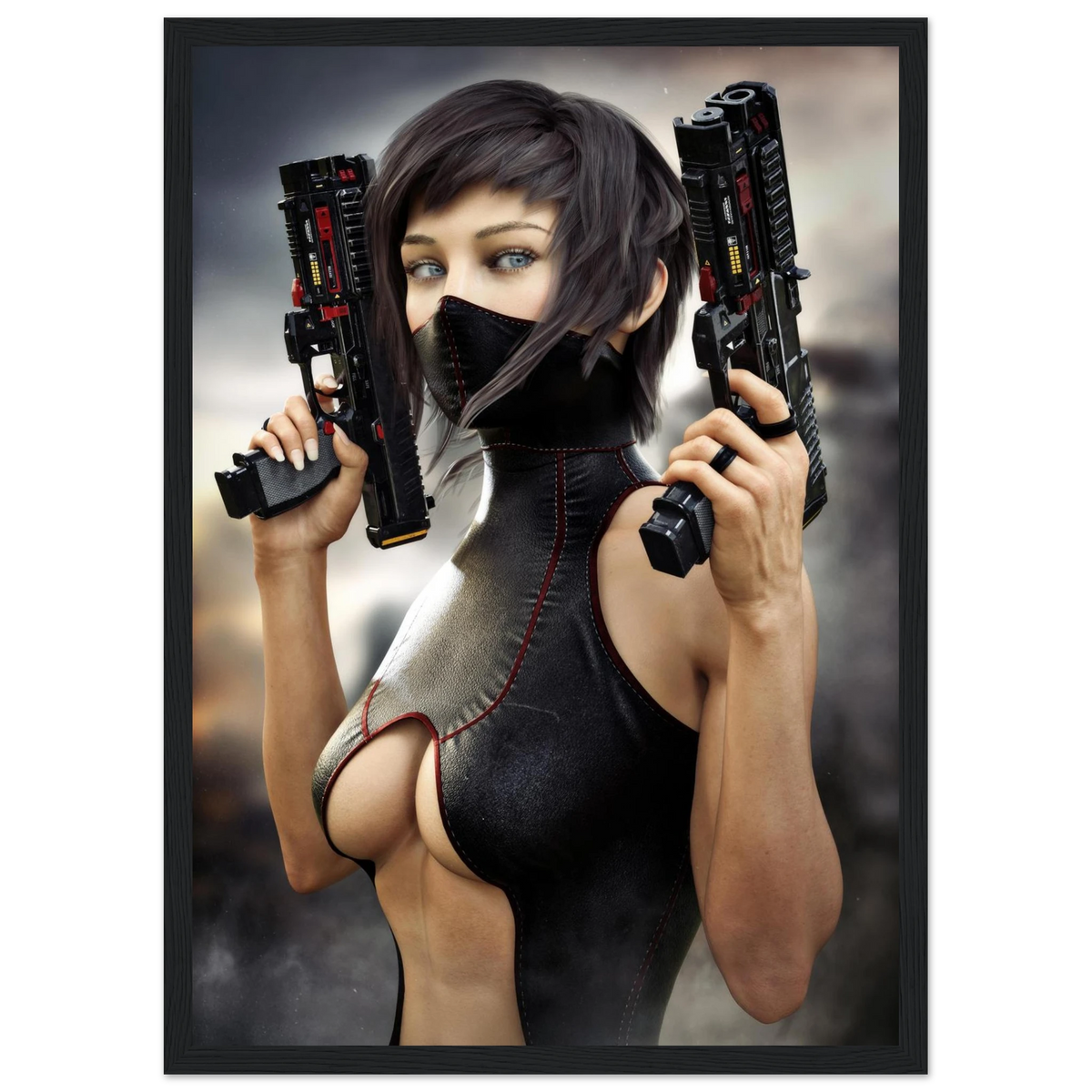  Masked female sci-fi warrior holding dual futuristic pistols in black cyberpunk tactical clothing with red accents framed wall art 3