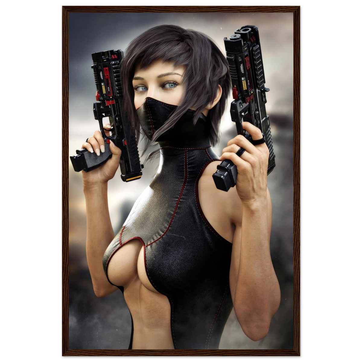  Masked female sci-fi warrior holding dual futuristic pistols in black cyberpunk tactical clothing with red accents framed wall art 4