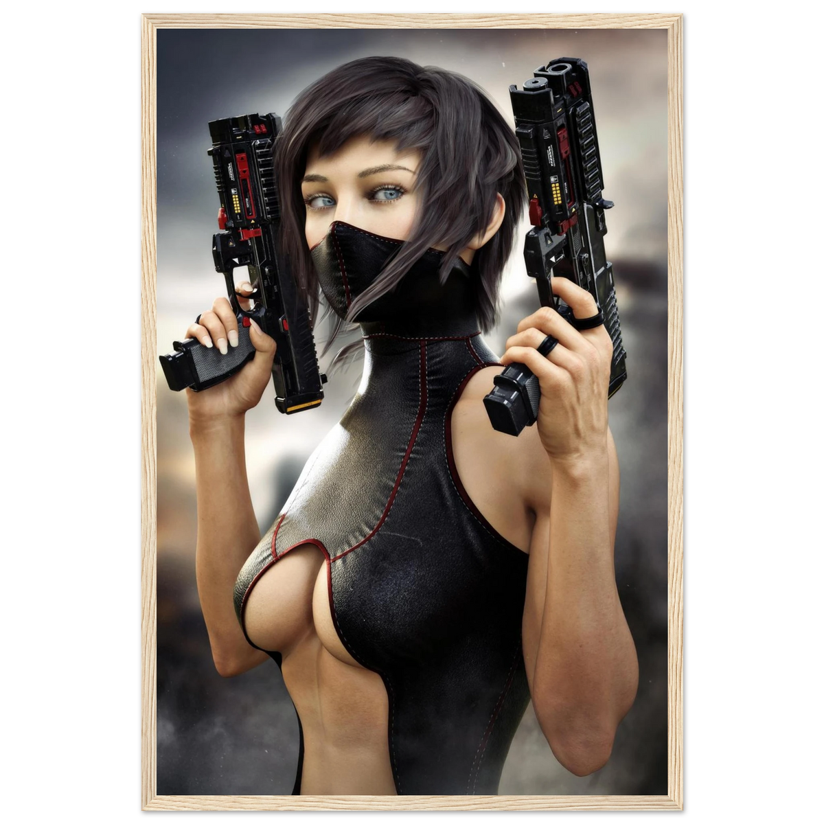  Masked female sci-fi warrior holding dual futuristic pistols in black cyberpunk tactical clothing with red accents framed wall art 5