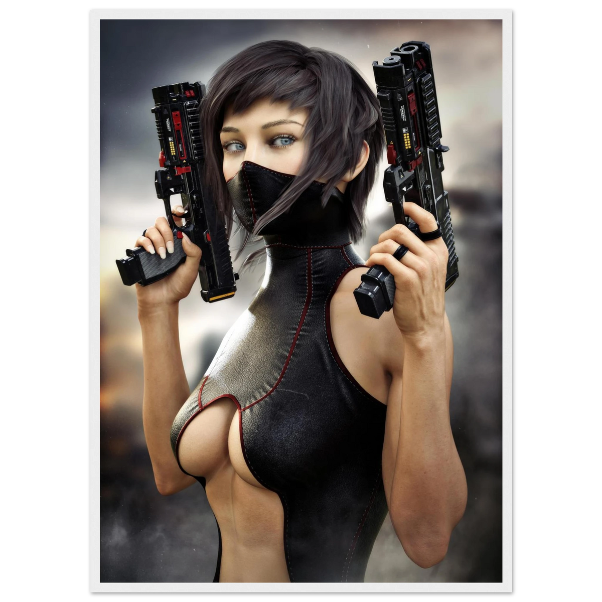  Masked female sci-fi warrior holding dual futuristic pistols in black cyberpunk tactical clothing with red accents framed wall art 6