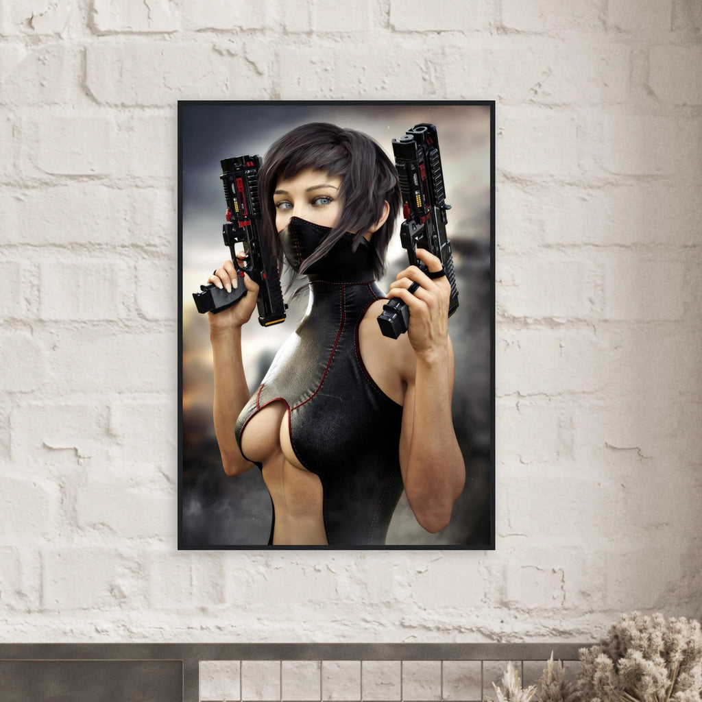 Masked female sci-fi warrior holding dual futuristic pistols in black cyberpunk tactical clothing with red accents framed wall art on wall 2
