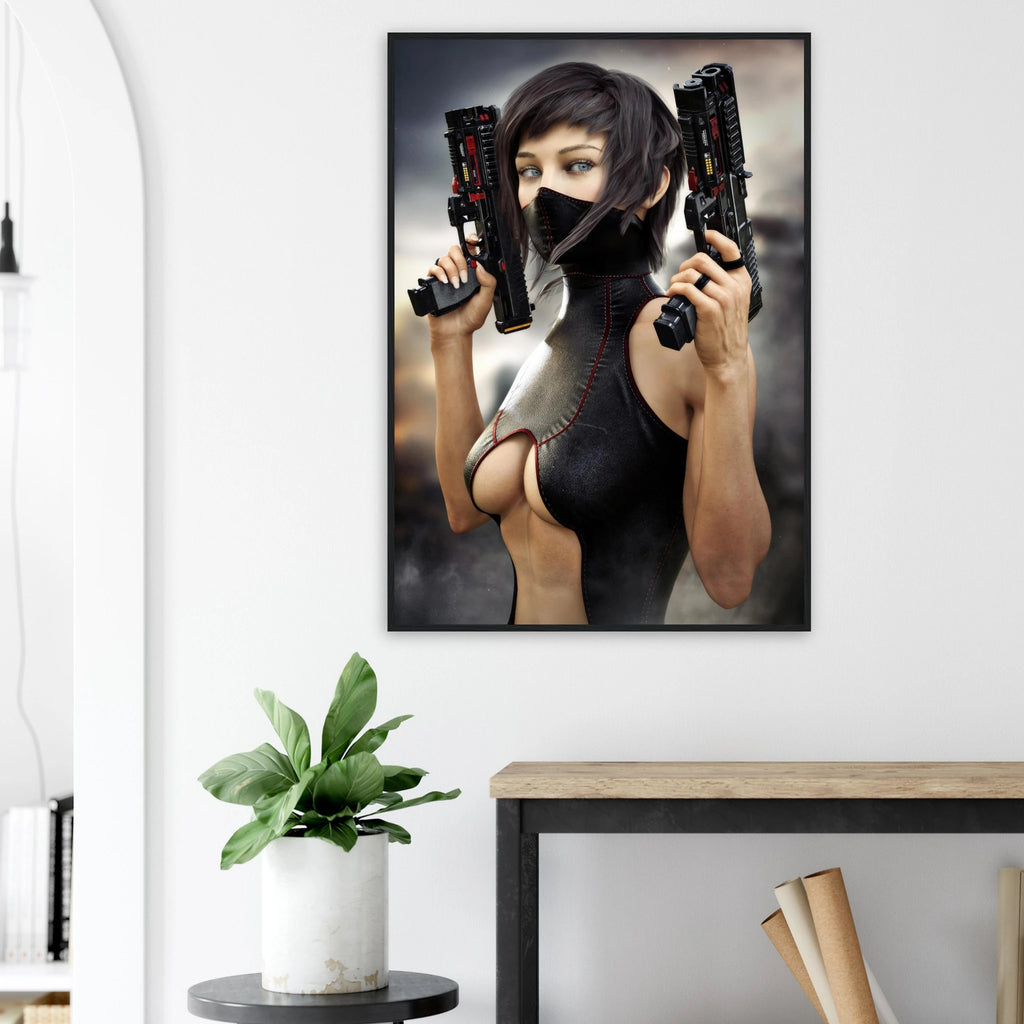 Masked female sci-fi warrior holding dual futuristic pistols in black cyberpunk tactical clothing with red accents framed wall art on wall