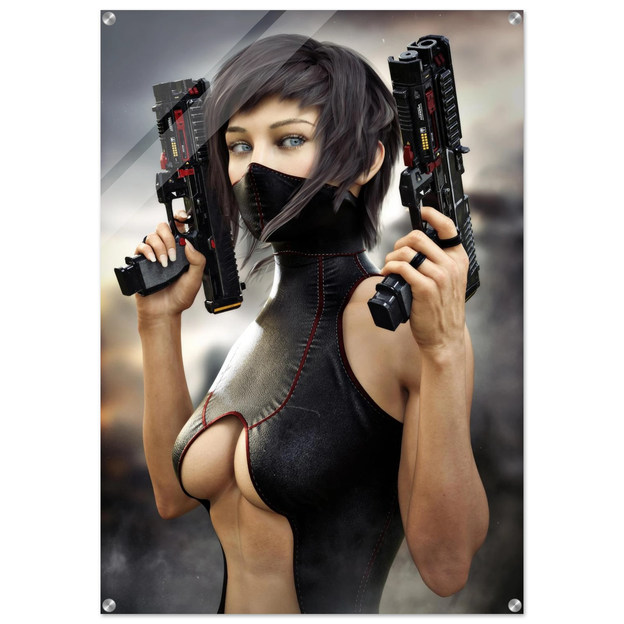 Masked female sci-fi warrior holding dual futuristic pistols in black cyberpunk tactical clothing with red accents acrylic 