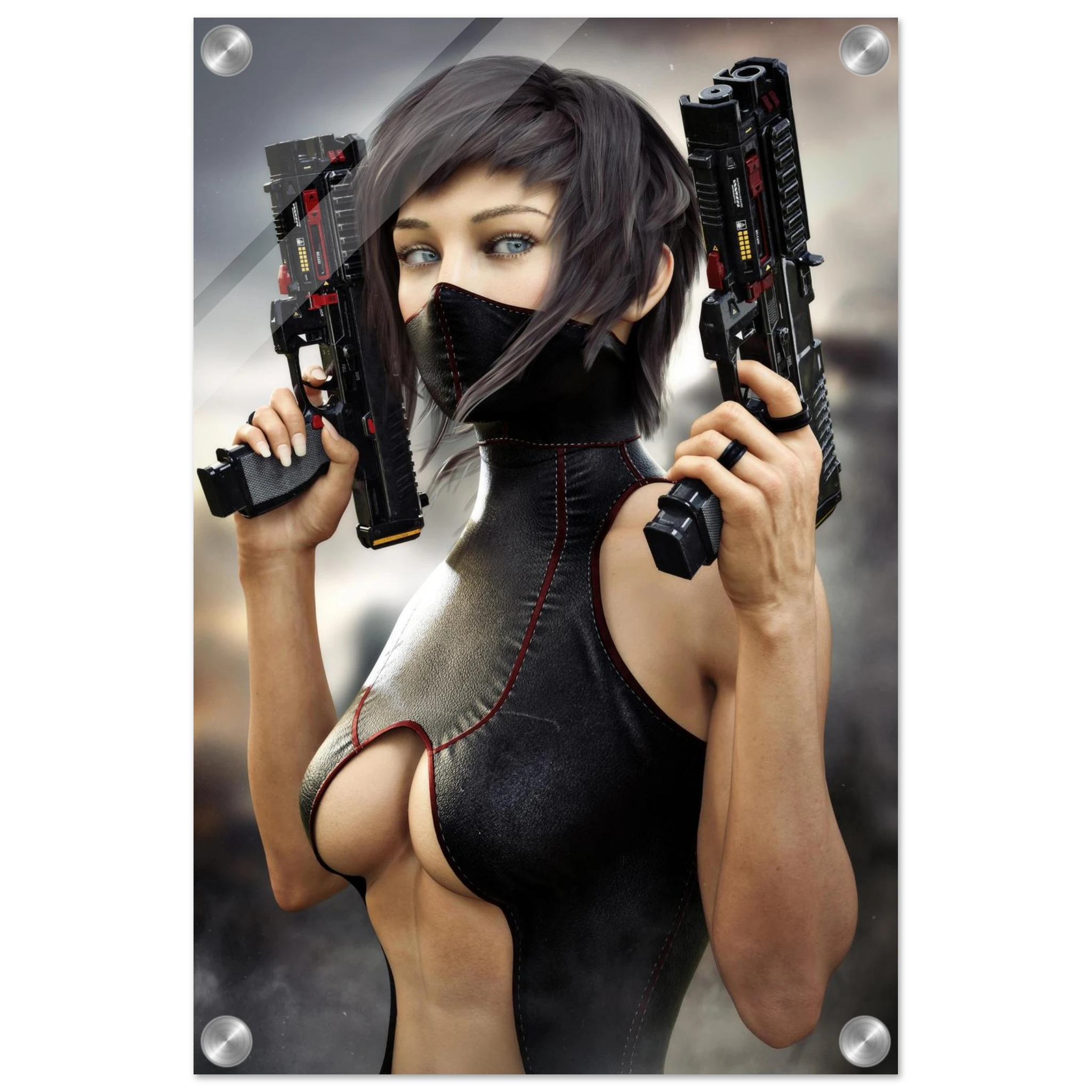 Masked female sci-fi warrior holding dual futuristic pistols in black cyberpunk tactical clothing with red accents acrylic 8