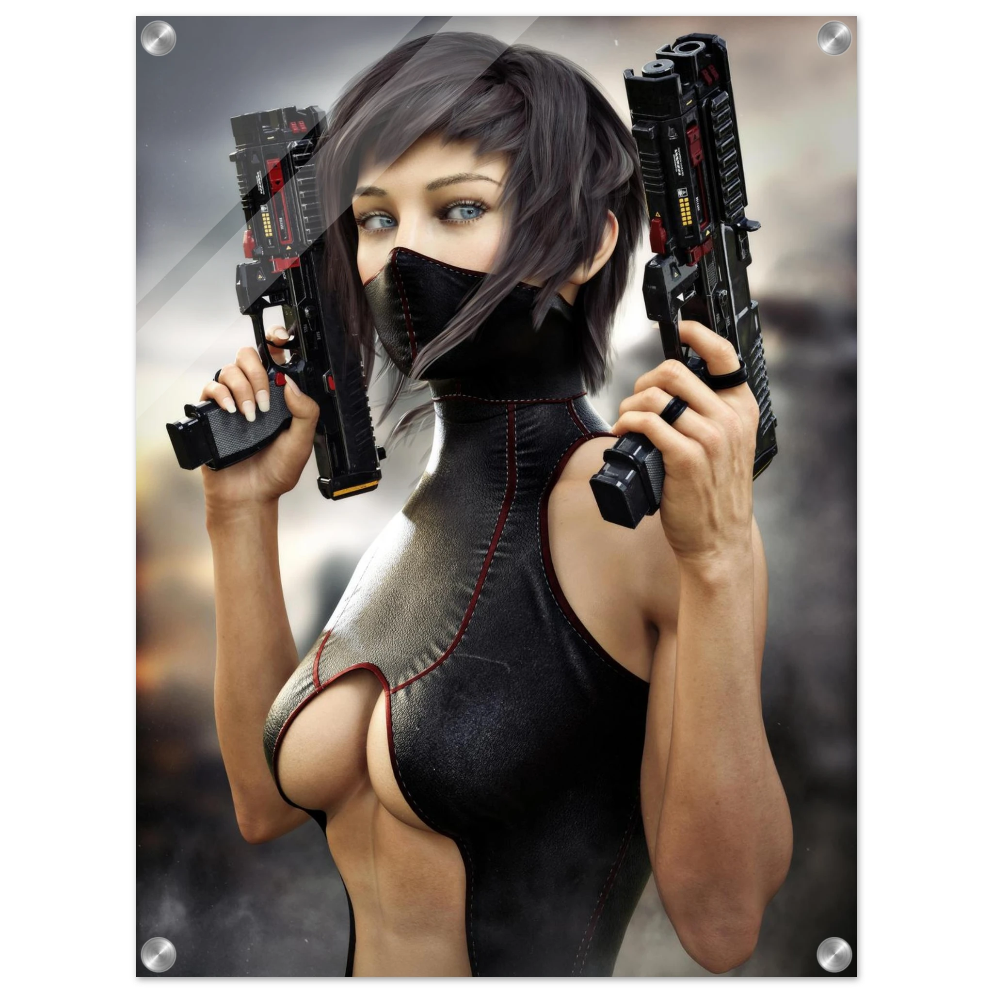 Masked female sci-fi warrior holding dual futuristic pistols in black cyberpunk tactical clothing with red accents acrylic 7