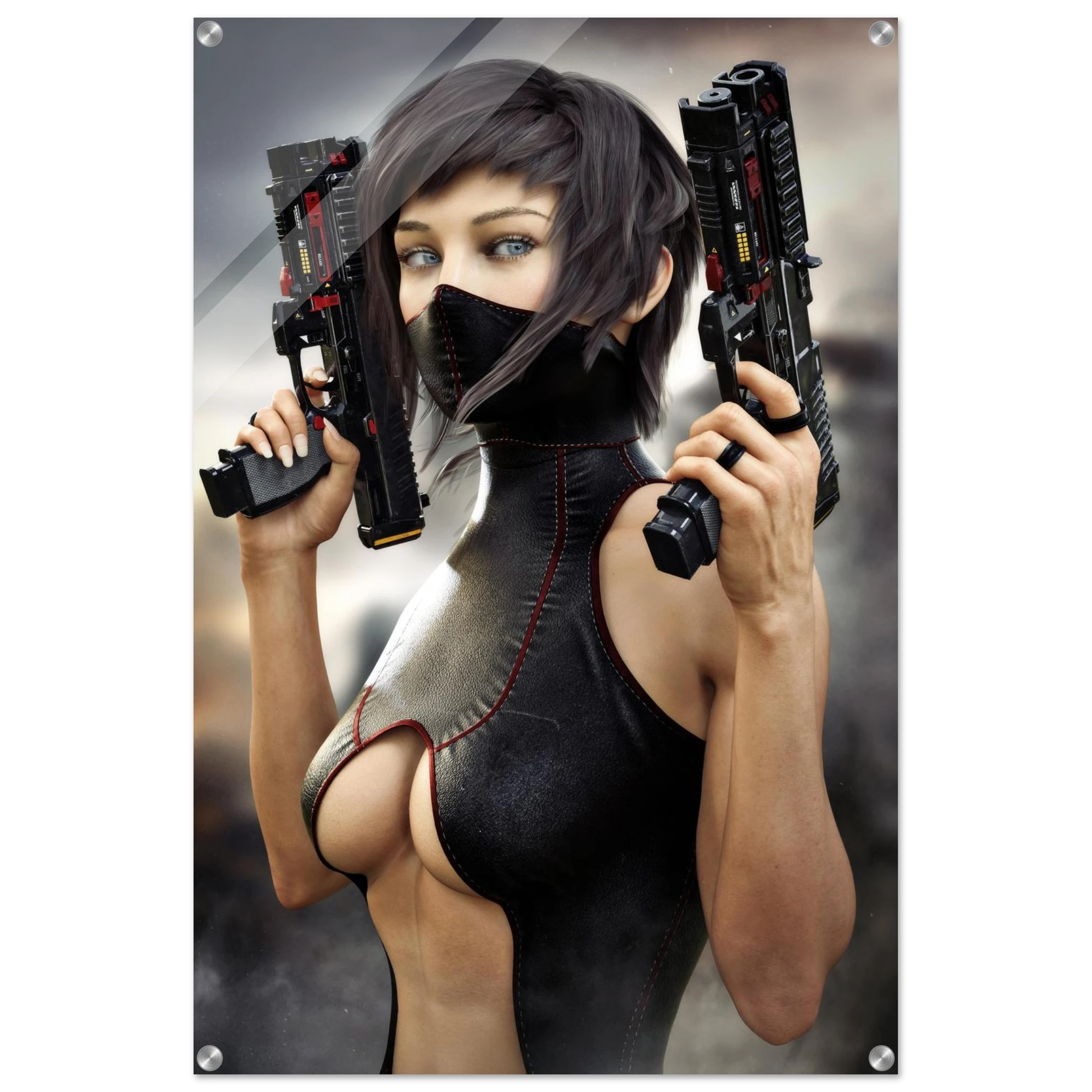 Masked female sci-fi warrior holding dual futuristic pistols in black cyberpunk tactical clothing with red accents acrylic 6