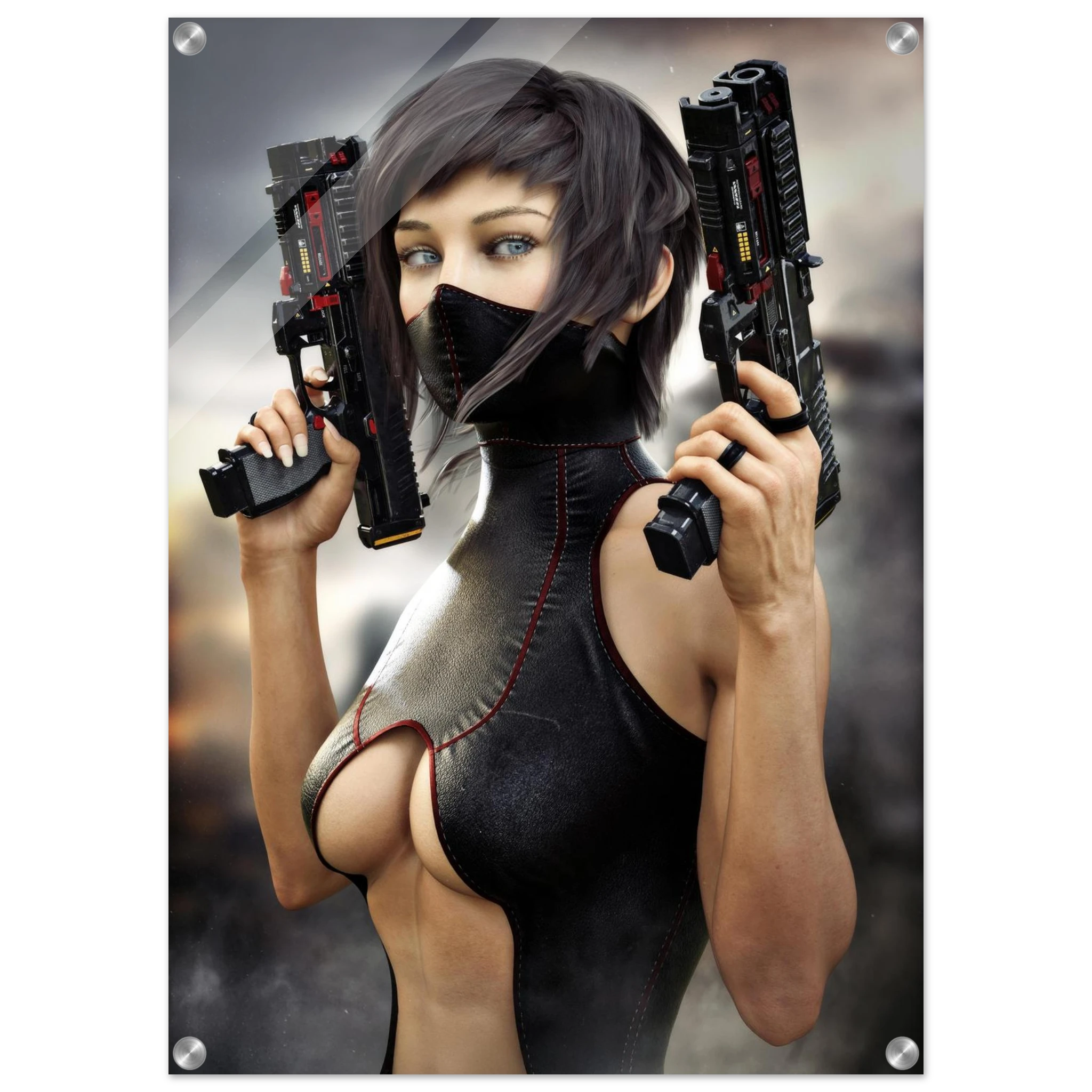Masked female sci-fi warrior holding dual futuristic pistols in black cyberpunk tactical clothing with red accents acrylic 5