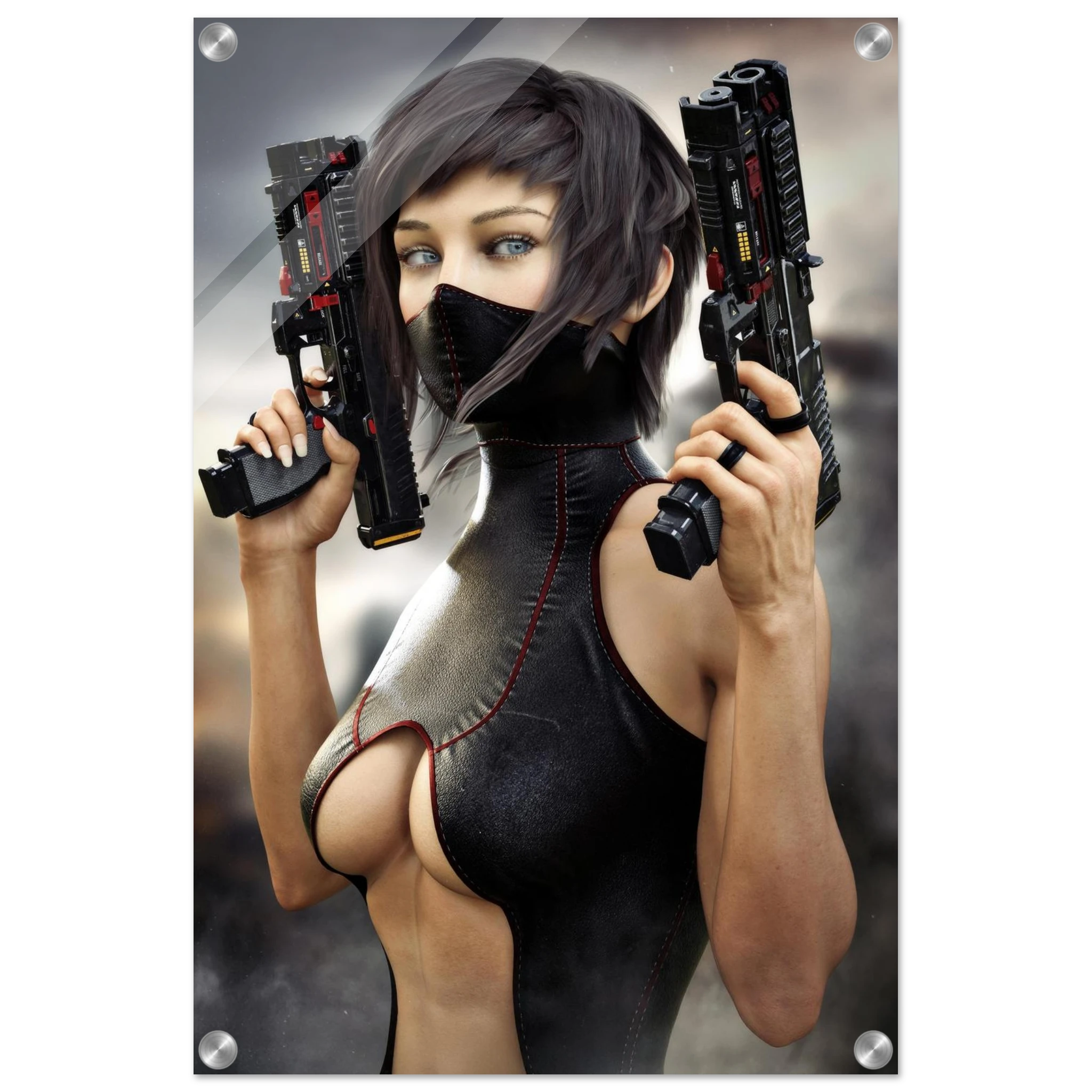 Masked female sci-fi warrior holding dual futuristic pistols in black cyberpunk tactical clothing with red accents acrylic 4
