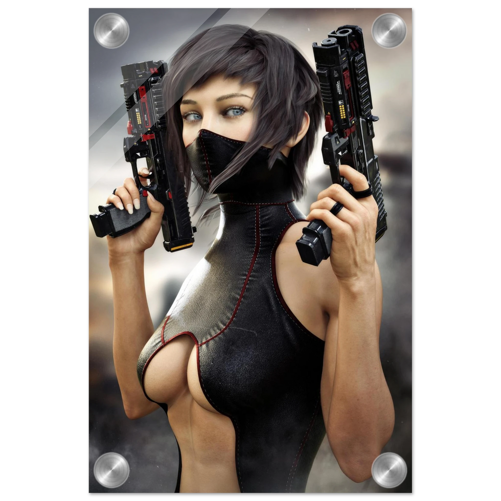 Masked female sci-fi warrior holding dual futuristic pistols in black cyberpunk tactical clothing with red accents acrylic 3