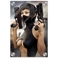 Masked female sci-fi warrior holding dual futuristic pistols in black cyberpunk tactical clothing with red accents acrylic 3