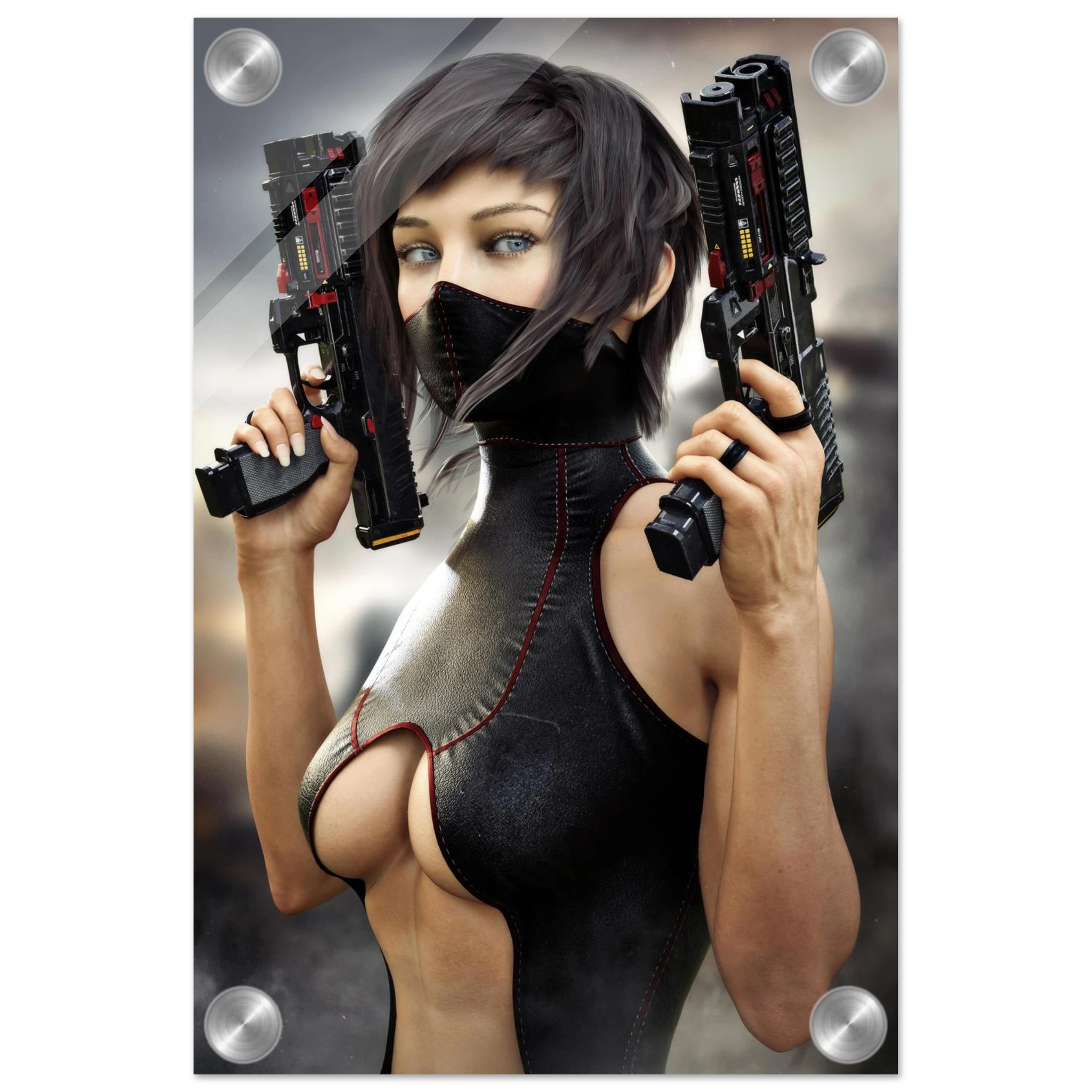 Masked female sci-fi warrior holding dual futuristic pistols in black cyberpunk tactical clothing with red accents acrylic 3
