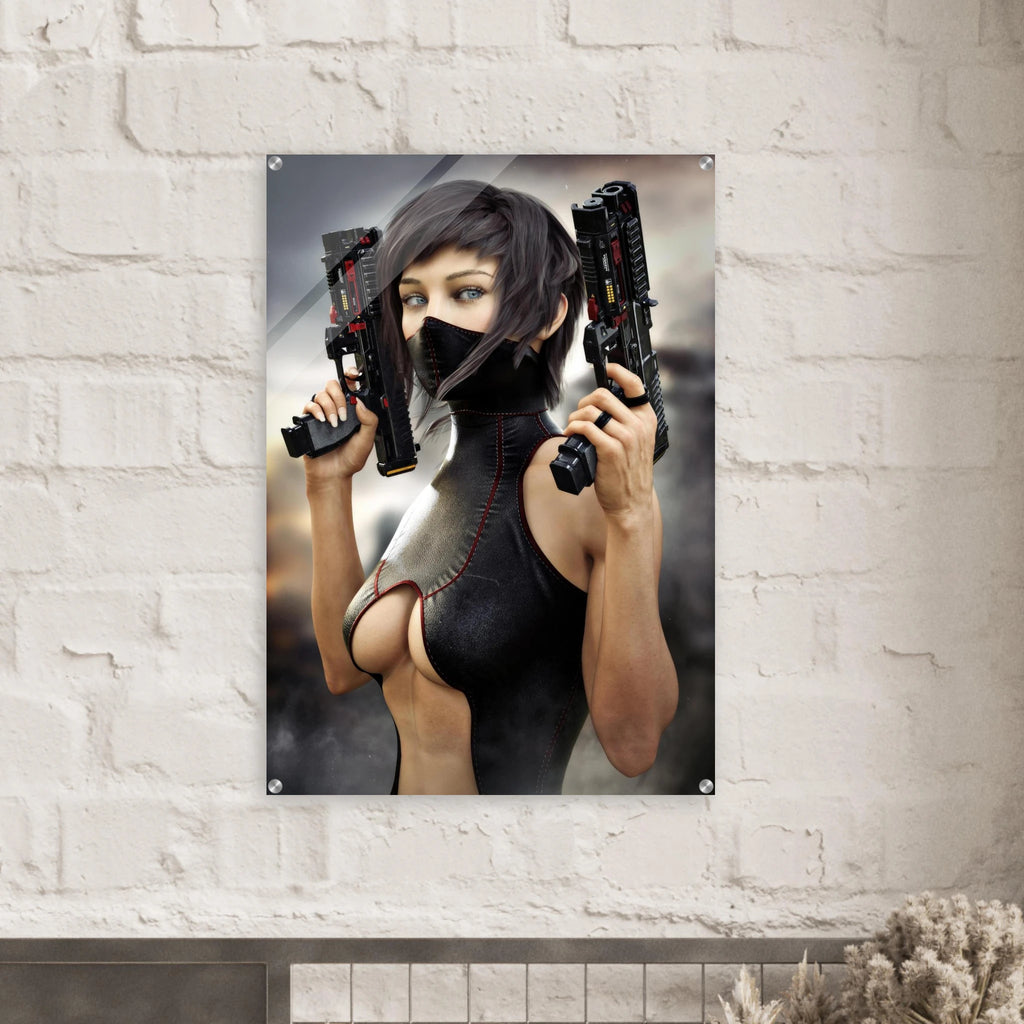 Masked female sci-fi warrior holding dual futuristic pistols in black cyberpunk tactical clothing with red accents acrylic on wall
