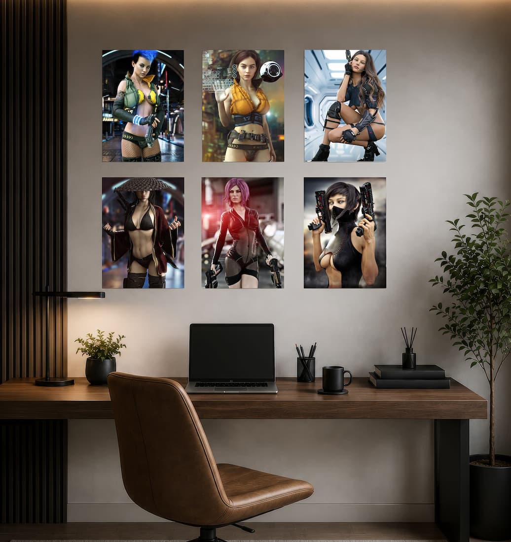 A modern home office featuring six premium sci-fi metal prints displayed in a clean gallery wall above a contemporary wooden desk. The collection showcases detailed futuristic female characters including cyberpunk warriors, space operatives, futuristic assassins, tactical agents, and high-tech heroines with neon-inspired colors and cinematic lighting. The sleek frameless metal prints feature vivid colors, exceptional detail, and a glossy finish, creating striking wall décor for gaming rooms, offices, studio