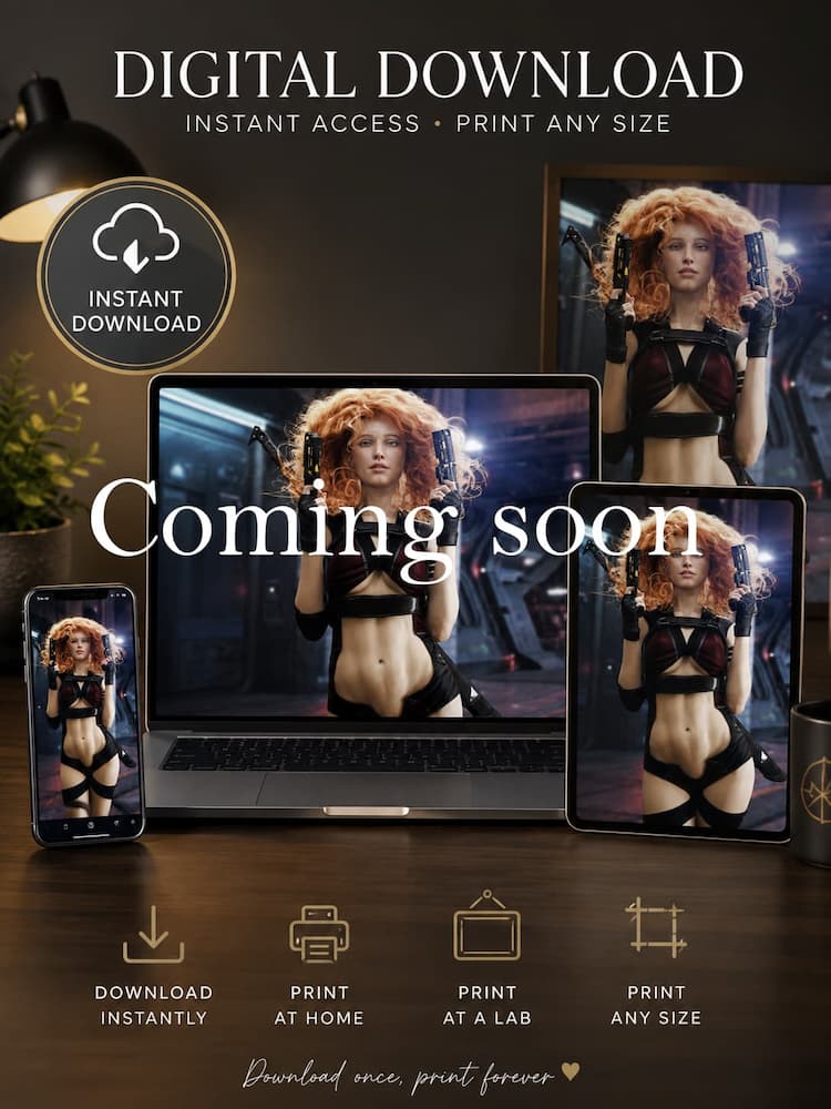 Promotional mockup showcasing a sci-fi female warrior digital download displayed across a laptop, tablet, smartphone, and framed print. The futuristic red-haired fantasy character is featured in a modern workspace with an Instant Download badge and icons highlighting download instantly, print at home, print at a lab, and print any size. Perfect for marketing printable fantasy wall art, digital artwork, and instant download products on Etsy, Shopify, and other online marketplaces.