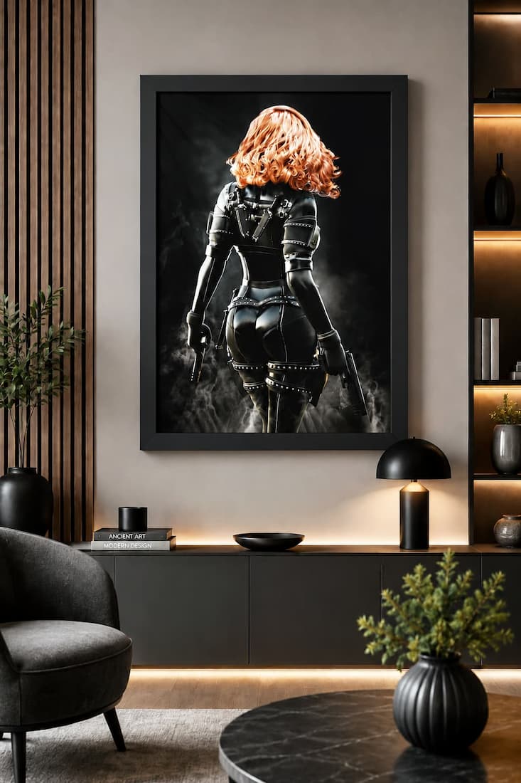 Black framed cyberpunk poster featuring a futuristic female assassin with vibrant red hair, advanced black tactical armor, and dual pistols, shown from behind in a dramatic smoke-filled scene. Displayed in a luxurious modern living room with warm ambient lighting, this cinematic sci-fi artwork makes a bold statement for gaming rooms, home offices, media rooms, studios, and contemporary interiors. Perfect for science fiction enthusiasts, cyberpunk fans, and collectors of futuristic wall art.