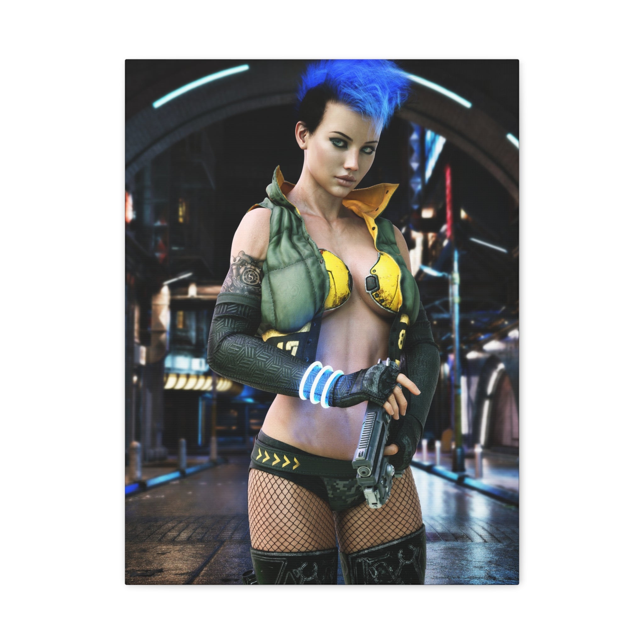 Cyberpunk female operative with a bright blue mohawk holding a futuristic pistol in a neon-lit city street, surrounded by glowing technology and sci-fi ambiance.