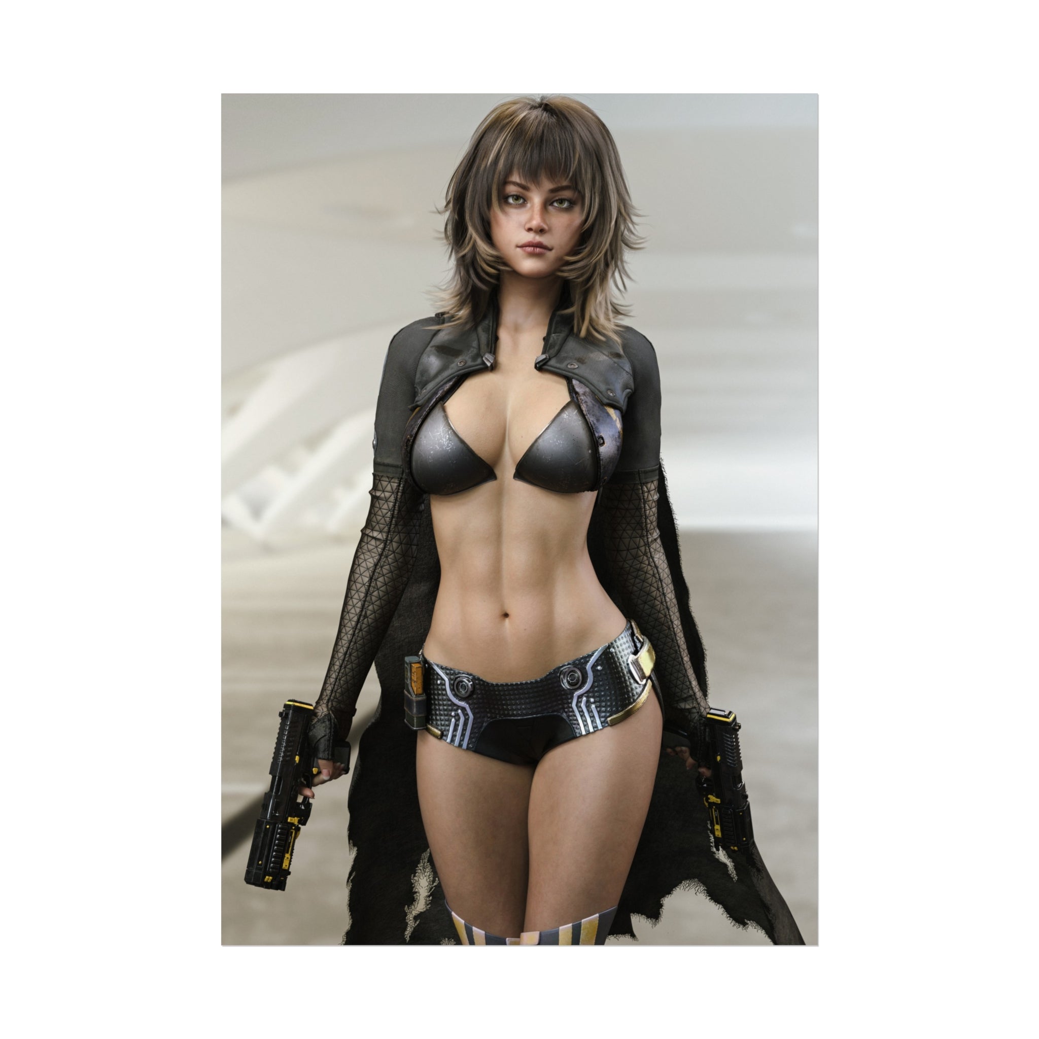 Sci-fi wall art featuring a futuristic female shock trooper with dual pistols, advanced armor, and cyberpunk styling in a sleek high-tech setting.