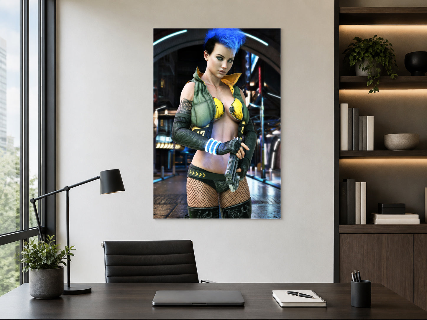 Cyberpunk female operative with a bright blue mohawk holding a futuristic pistol in a neon-lit city street, surrounded by glowing technology and sci-fi ambiance.