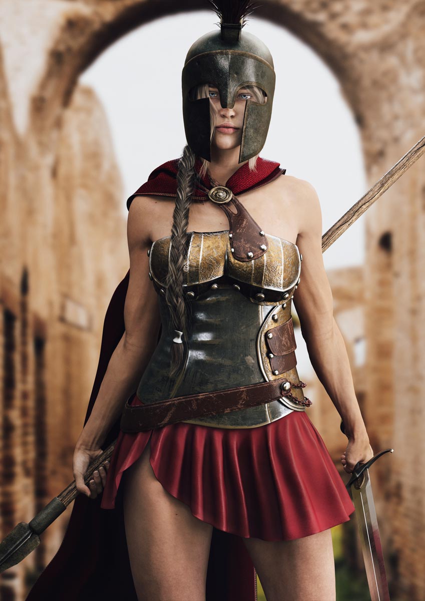 Spartan female warrior wearing helmet and armor with spear and sword fantasy wall art digital download