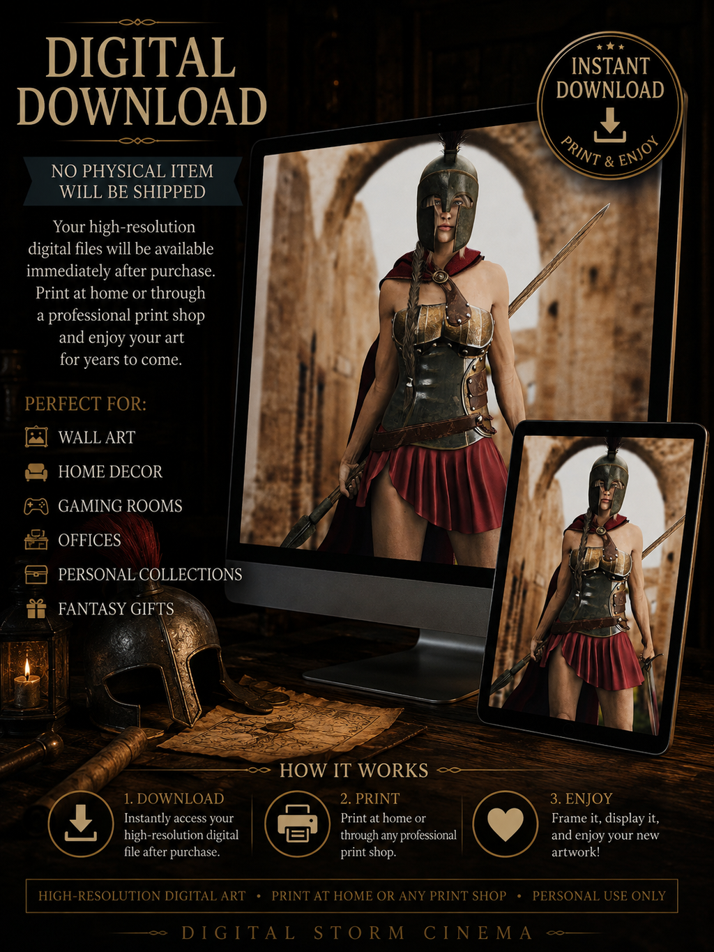 Spartan female warrior wearing helmet and armor with spear and sword fantasy wall art digital download
