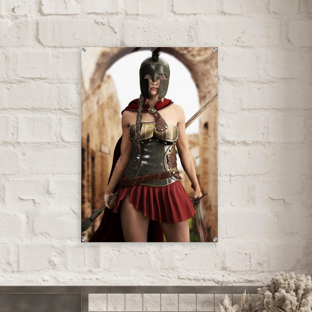 Handcrafted fantasy artwork depicting a powerful Spartan warrior woman standing before ancient Greek ruins, wearing a Corinthian bronze helmet, polished armor, crimson cape, and short battle skirt while gripping a spear and sword. Inspired by the legendary warriors of Ancient Sparta, this highly detailed illustration features cinematic lighting, realistic metal textures, classical architecture, and heroic fantasy styling, making it ideal for collectors of Greek mythology, historical fantasy, and epic warrio