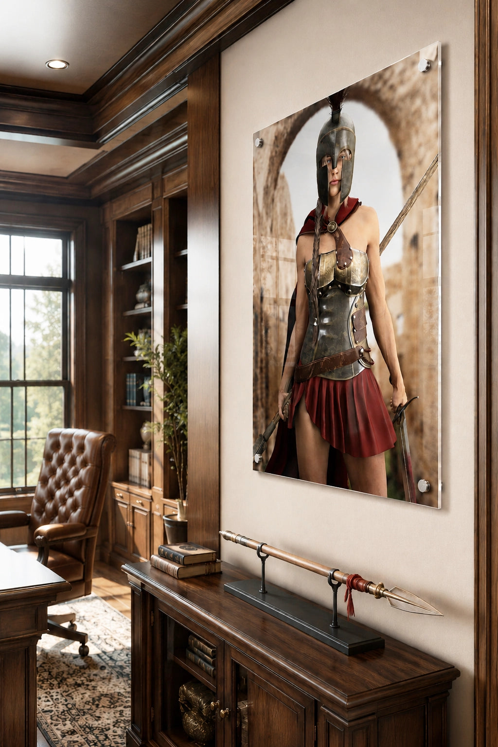 Handcrafted fantasy artwork depicting a powerful Spartan warrior woman standing before ancient Greek ruins, wearing a Corinthian bronze helmet, polished armor, crimson cape, and short battle skirt while gripping a spear and sword. Inspired by the legendary warriors of Ancient Sparta, this highly detailed illustration features cinematic lighting, realistic metal textures, classical architecture, and heroic fantasy styling, making it ideal for collectors of Greek mythology, historical fantasy, and epic warrio