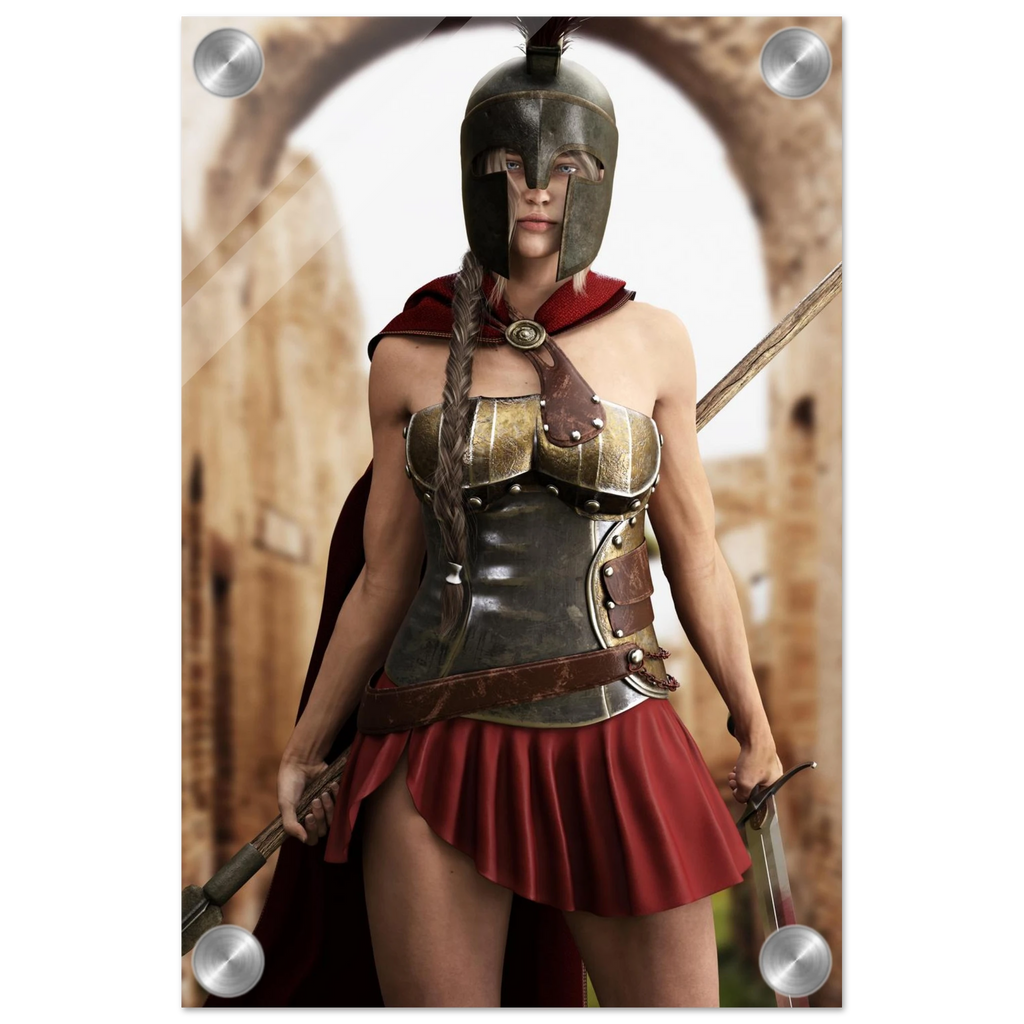 Handcrafted fantasy artwork depicting a powerful Spartan warrior woman standing before ancient Greek ruins, wearing a Corinthian bronze helmet, polished armor, crimson cape, and short battle skirt while gripping a spear and sword. Inspired by the legendary warriors of Ancient Sparta, this highly detailed illustration features cinematic lighting, realistic metal textures, classical architecture, and heroic fantasy styling, making it ideal for collectors of Greek mythology, historical fantasy, and epic warrio