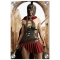 Handcrafted fantasy artwork depicting a powerful Spartan warrior woman standing before ancient Greek ruins, wearing a Corinthian bronze helmet, polished armor, crimson cape, and short battle skirt while gripping a spear and sword. Inspired by the legendary warriors of Ancient Sparta, this highly detailed illustration features cinematic lighting, realistic metal textures, classical architecture, and heroic fantasy styling, making it ideal for collectors of Greek mythology, historical fantasy, and epic warrio
