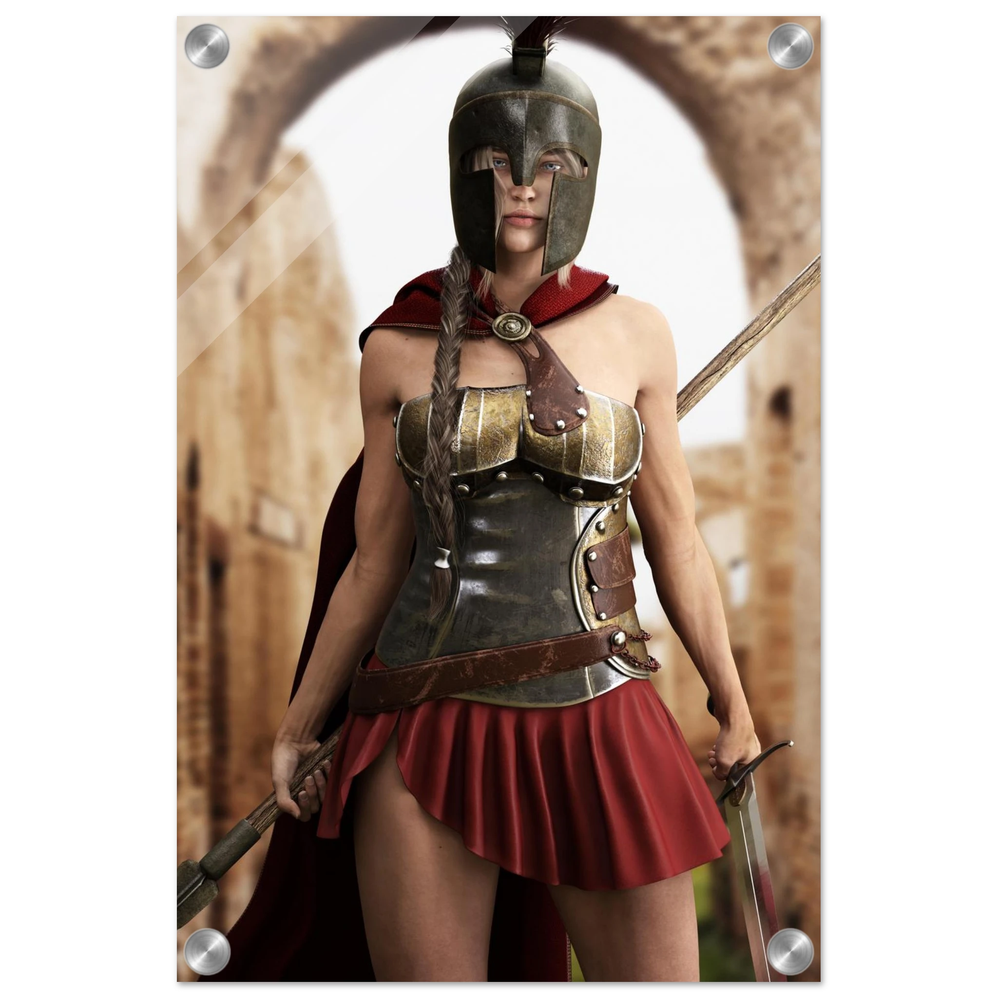 Handcrafted fantasy artwork depicting a powerful Spartan warrior woman standing before ancient Greek ruins, wearing a Corinthian bronze helmet, polished armor, crimson cape, and short battle skirt while gripping a spear and sword. Inspired by the legendary warriors of Ancient Sparta, this highly detailed illustration features cinematic lighting, realistic metal textures, classical architecture, and heroic fantasy styling, making it ideal for collectors of Greek mythology, historical fantasy, and epic warrio