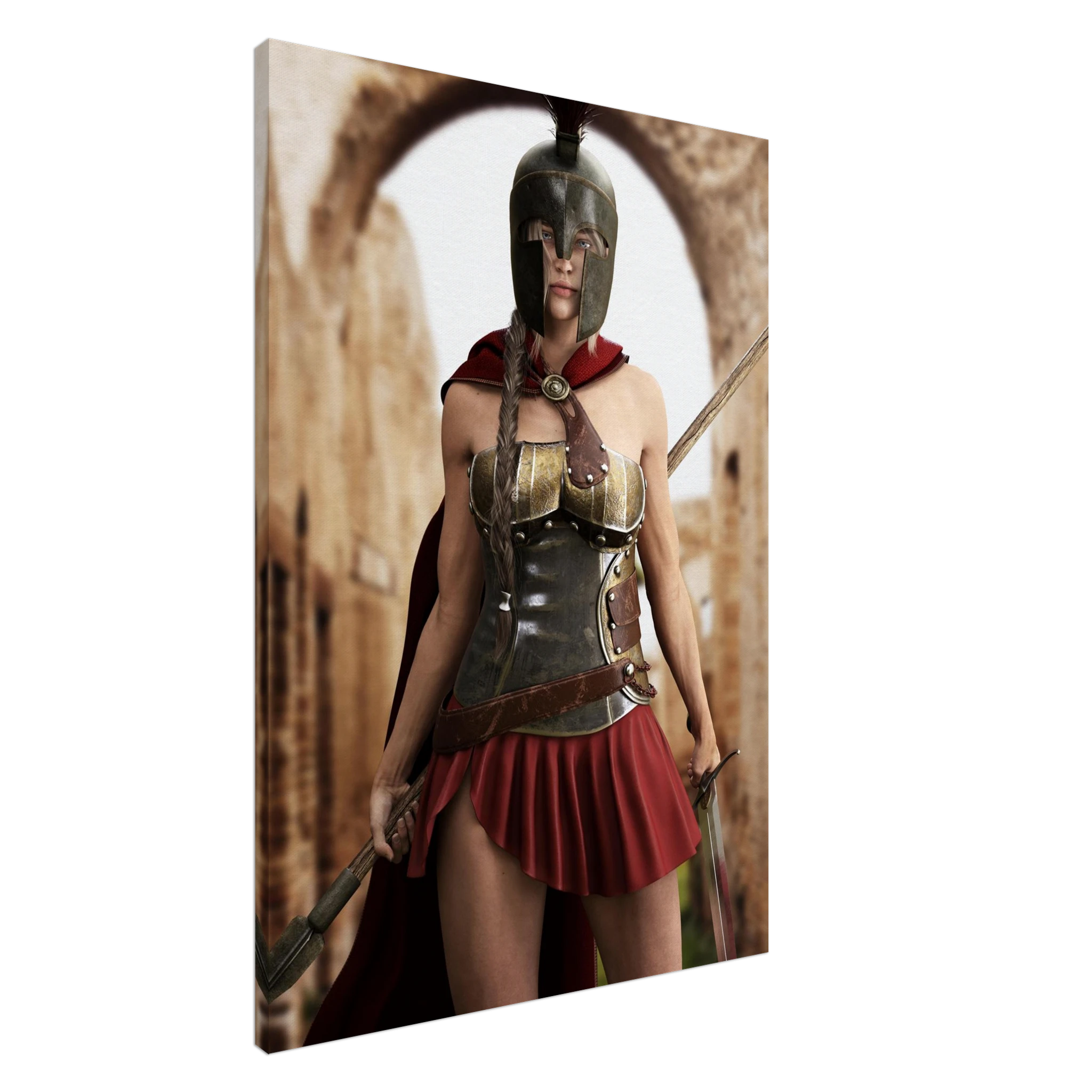 A vertical canvas wall art print depicting a Spartan warrior in metallic bronze armor with a red cape and skirt, holding a sword, set against a stone archway background.