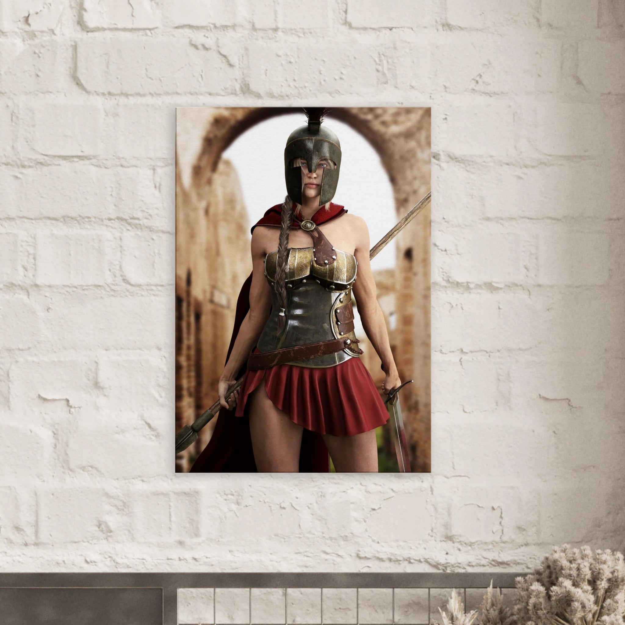 A vertical wall art print depicting a Spartan warrior in armor with a red skirt and helmet, mounted on a white brick wall above a mantel.