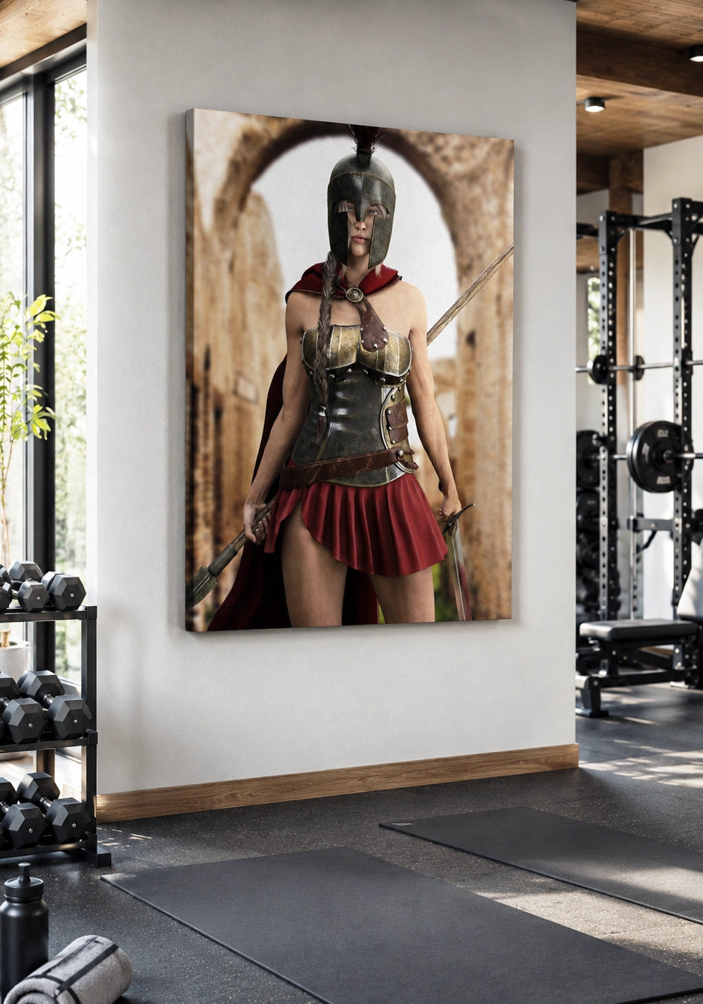 A large vertical wall art print showing a warrior in ancient-style armor with a red skirt and sword, displayed on a white wall in a modern gym interior with dumbbells and weight equipment visible.