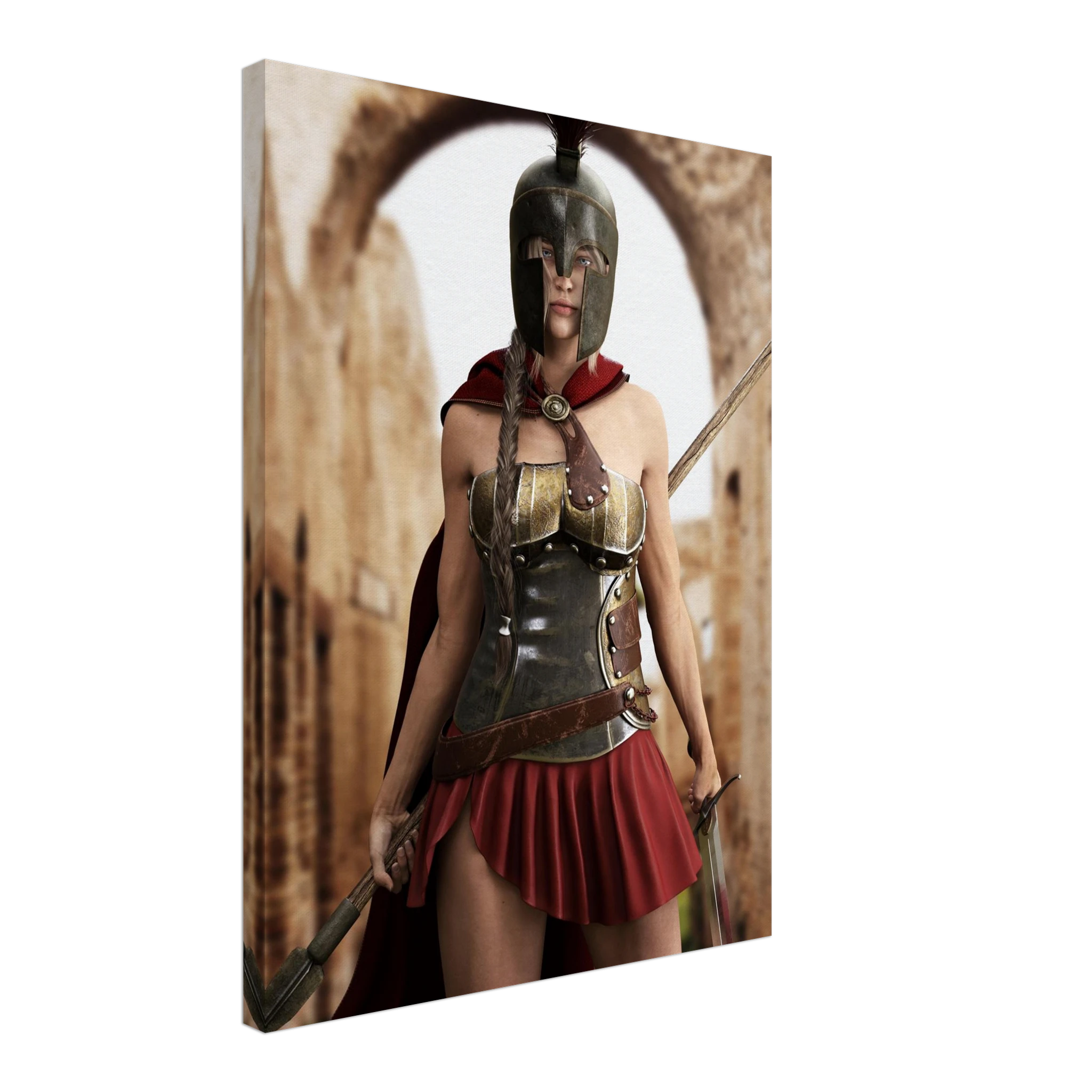 A rectangular wall art print or canvas showing a Spartan warrior in armor with a red cape and skirt, standing in front of an archway. The print is photographed at an angle against a plain white background.