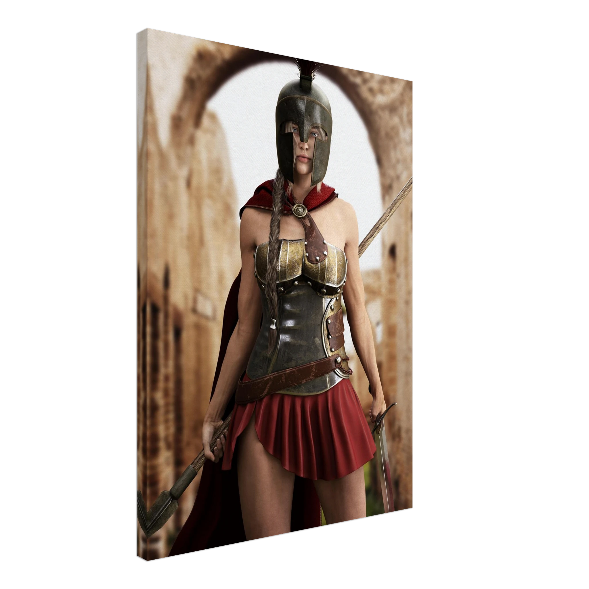 A vertical canvas wall art print depicting a Spartan warrior in metallic armor and a red skirt, holding a sword, set against a white background.